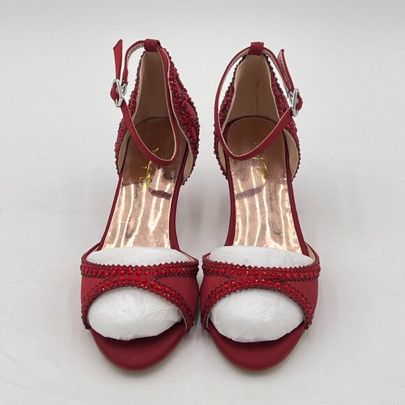 XYD Wine Chic Peep Toe D'Orsay Low Heel Rhinestone Stud Ankle Strap Sandals - Picture 3 of 8